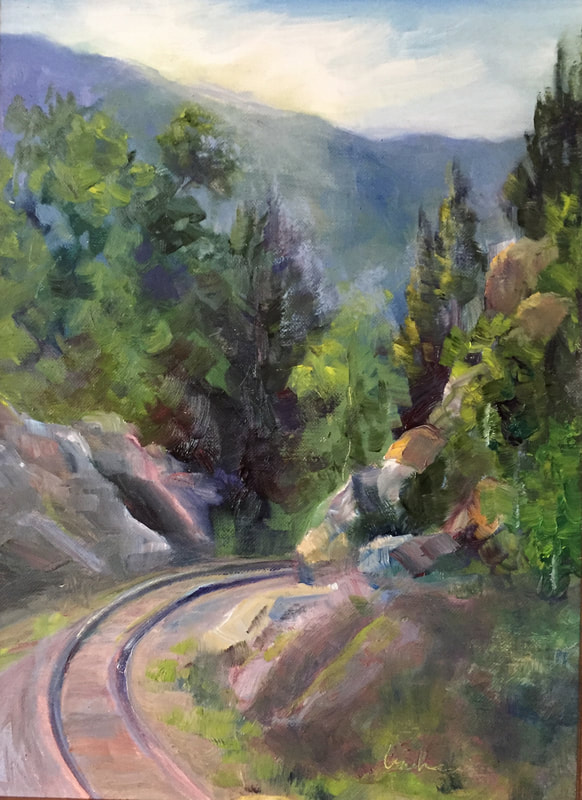 oil painting of railroad tracks at Coal Mountain in Steamboat Springs, Colorado.