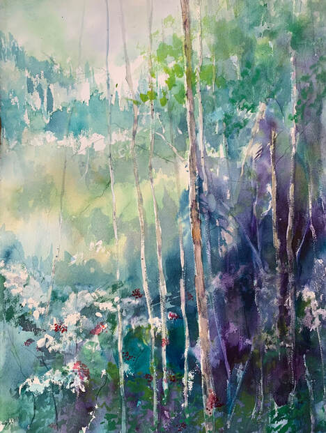 aspen watercolor painting violet greens gold