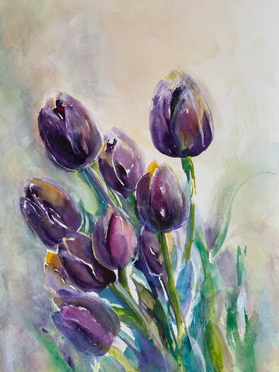 watercolor painting royal purple tulips