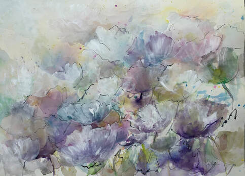 contemporary floral painting of lavender and white flowers in watercolor painting