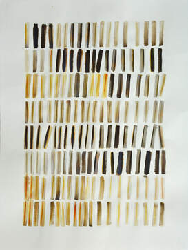 contemporary abstract watercolor painting of black gold and white stripes representing books and music