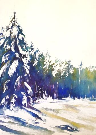 abstract contemporary watercolor silhouetted pine trees colorado